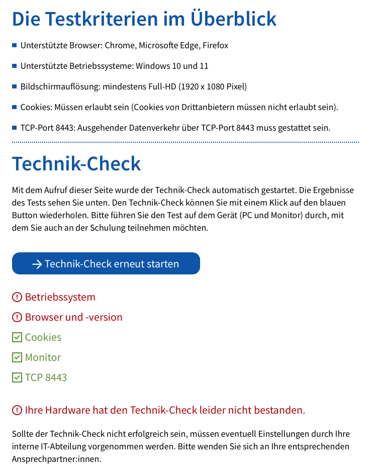Ein Screenshot, der besagt, dass ich bei diesem Anbieter mangels Windows 10 oder 11 durch den Technik-Check gefallen bin
